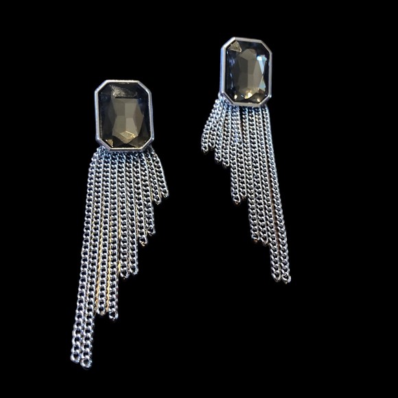 Large Smoky Quartz Colored Stone W/Brilliance Cutting and Dangle Chains Earrings - Picture 3 of 6